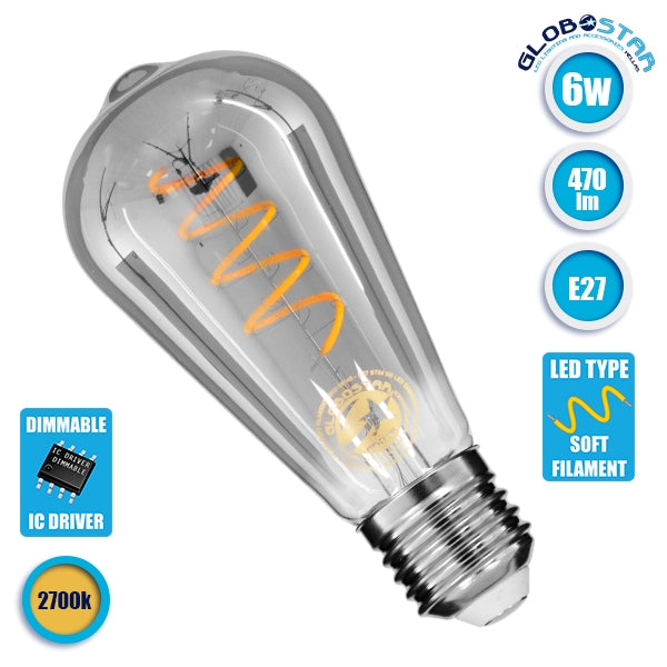 GloboStar® 99145 Λάμπα E27 ST64 Αχλάδι LED SOFT S SPIRAL FILAMENT 6W 470 lm 320° AC 85-265V Edison Retro με Φιμέ Γυαλί Θερμό Λευκό 2700 K Dimmable - ledmania.gr