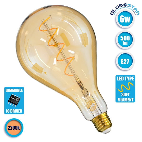 GloboStar® 99164 Λάμπα E27 PS30 Cherry LED SOFT SPIRAL FILAMENT 6W 500 lm 320° AC 85-265V Edison Retro με Μελί Γυαλί Ultra Θερμό Λευκό 2200 K Dimmable - ledmania.gr