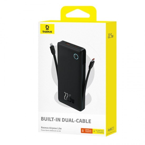 BASEUS Power Bank 10000 mAh 22.5W + built in cables: Type-C and Lightning, Airpow Lite black (P10067501123) - ledmania.gr