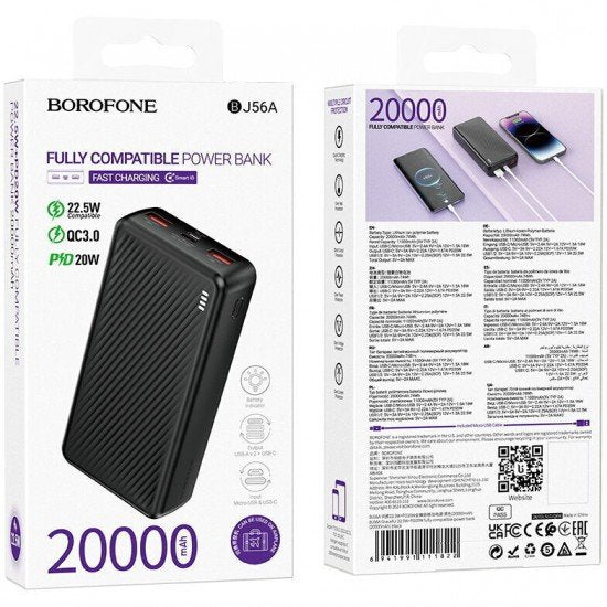 Borofone BJ56A Power Bank 20000mAh 22.5W Μαύρο - ledmania.gr