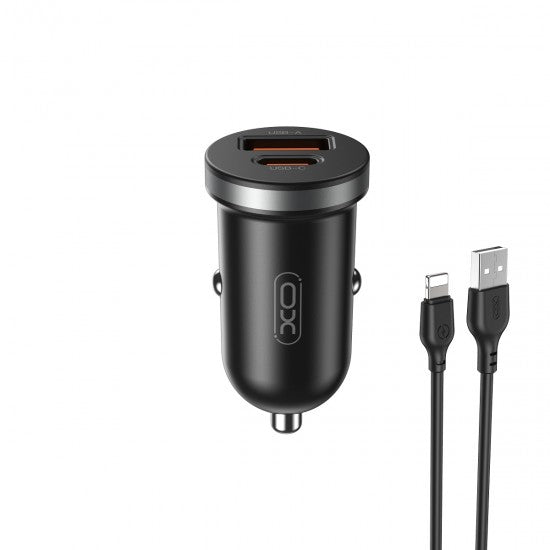 XO car charger CC56 PD 30W QC 1x USB 1x USB-C black + USB - Lightning cable - ledmania.gr