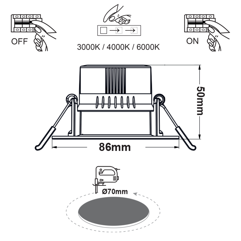 ROUND LED SPOTLIGHT 7W SWITCH 3000-4000-6000K SMD 230V 40° Ra80 PRE-SET UP 3000K - ledmania.gr