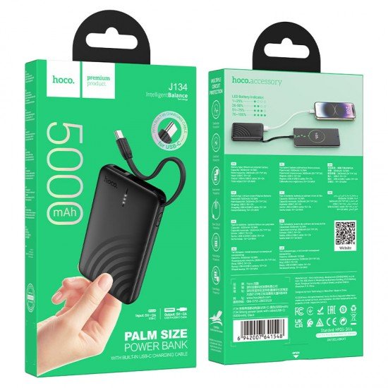 Hoco J134 USB-C Power Bank 5000mAh με Θύρα USB-A Μαύρο - ledmania.gr