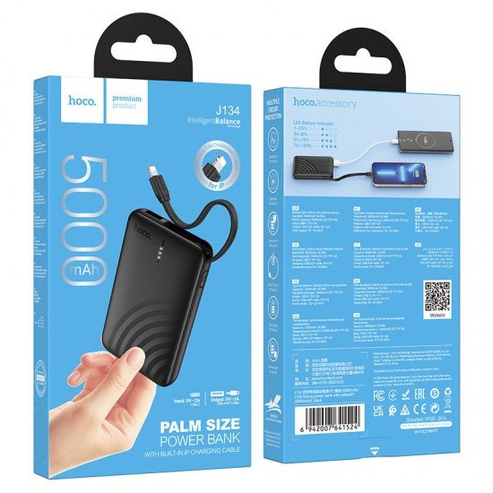 Hoco J134 Lightning Power Bank 5000mAh με Θύρα USB-A Μαύρο - ledmania.gr