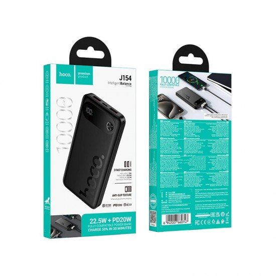 Hoco J154 Victorious Power Bank 10000mAh 22.5W με 2 Θύρες USB-A και Θύρα USB-C Power Delivery Μαύρο - ledmania.gr