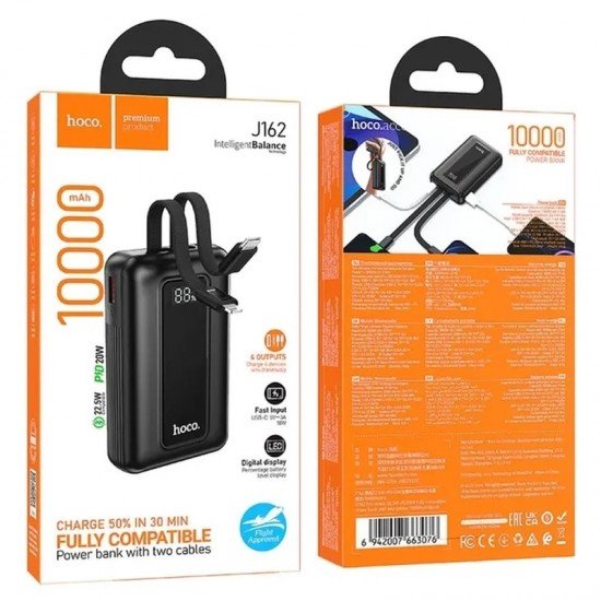 Hoco J162 Power Bank 10000 mAh με Ενσωματωμένα Καλώδια PD 20W QC3.0 22.5W - Μαύρο - ledmania.gr