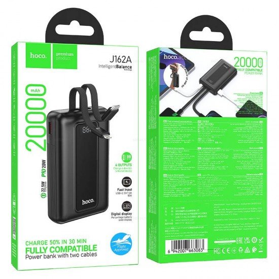 Hoco J162A Power Bank 20000 mAh με Ενσωματωμένα Καλώδια PD 20W QC3.0 22.5W - Μαύρο - ledmania.gr