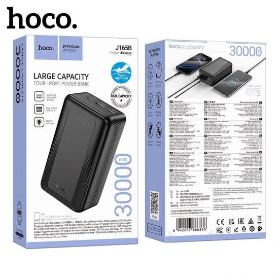 Hoco J165B Power Bank 30000mAh με 2 Θύρες USB-A και 2 Θύρες USB-C Μαύρο - ledmania.gr