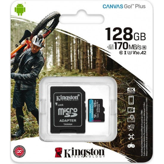 KINGSTON SDCG2/128GB CANVAS GO 128GB MICRO SDXC CLASS 10 UHS-I U3 V30 + SD ADAPTER in packaging with outdoor backdrop.