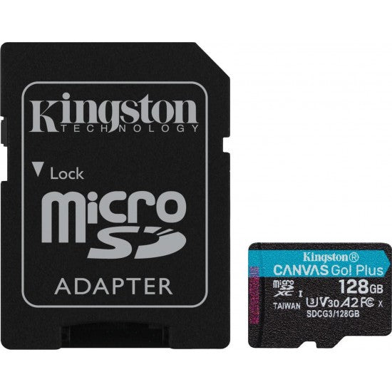 KINGSTON SDCG2/128GB CANVAS GO 128GB MICRO SDXC CLASS 10 UHS-I U3 V30 + SD ADAPTER with micro SD card and adapter.