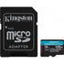 KINGSTON SDCG2/128GB CANVAS GO 128GB MICRO SDXC CLASS 10 UHS-I U3 V30 + SD ADAPTER with micro SD card and adapter.