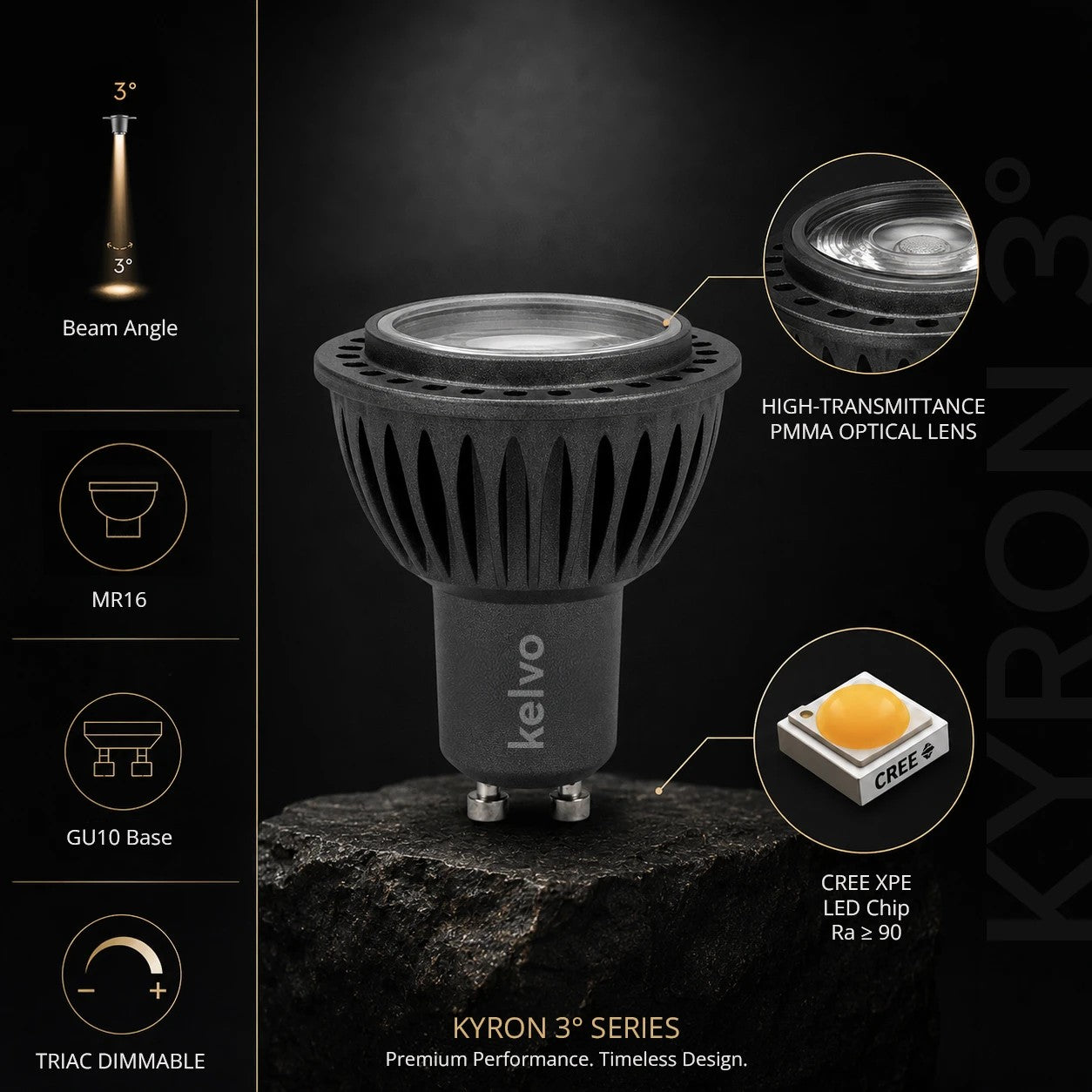kelvo® KYRON 3° KLV-103-0003 Σποτ GU10 MR16 LED 3W 360lm CRI (Ra) ≥ 90 3° AC 220-240V IP20 Φυσικό Λευκό 4500K Dimmable - CREE XPE Chip - Γκρι Ανθρακί Ματ - Μ5 x Π5 x Υ5.8cm - 3 Χρόνια Εγγύηση