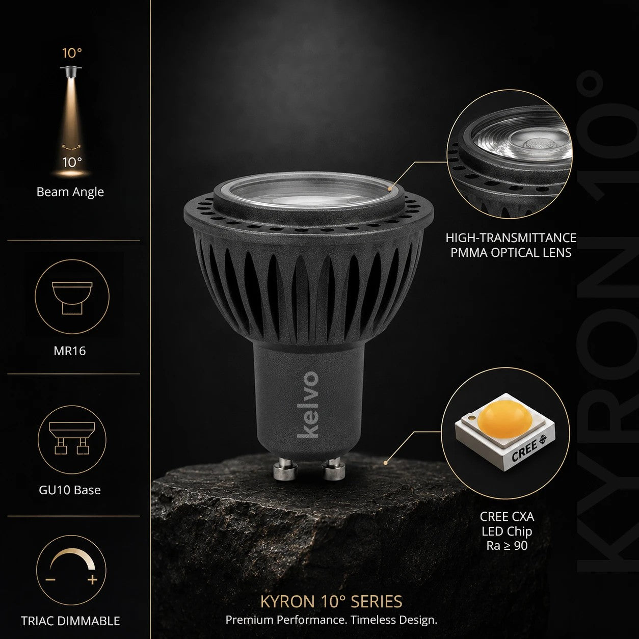 kelvo® KYRON 10° KLV-103-0006 Σποτ GU10 MR16 LED 7W 770lm CRI (Ra) ≥ 90 10° AC 220-240V IP20 Θερμό Λευκό 2700K Dimmable - CREE CXA Chip - Γκρι Ανθρακί Ματ - Μ5 x Π5 x Υ5.8cm - 3 Χρόνια Εγγύηση