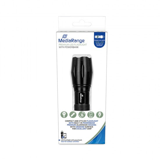 MediaRange LED flashlight with powerbank, 1.800mAh battery, black (MR735) - ledmania.gr