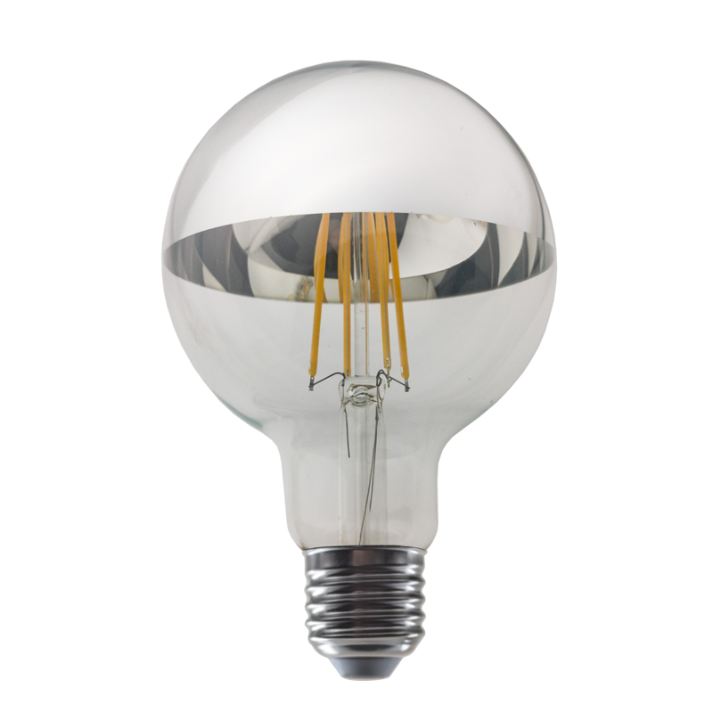 LED FILAMENT E27 DIM G95 8W SILVER 2700K 230V AC 900LM RA80 30000H 180° - ledmania.gr