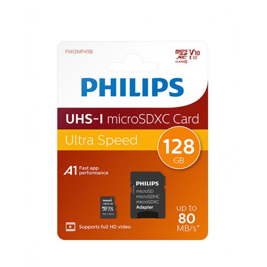 Philips MicroSD+adapter class10 UHS1 128GB, Ultra High Speed microSD card packaging with adapter, 80 MB/s