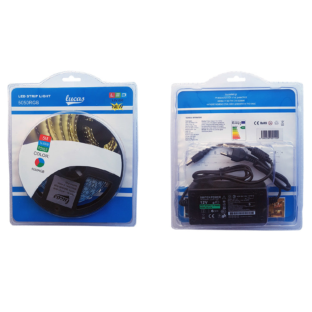 Ταινία LED Τροφοδοσίας 12V RGB Μήκους 5m και 60 LED ανά Μέτρο Σετ με Τηλεχειριστήριο και Τροφοδοτικό - ledmania.gr