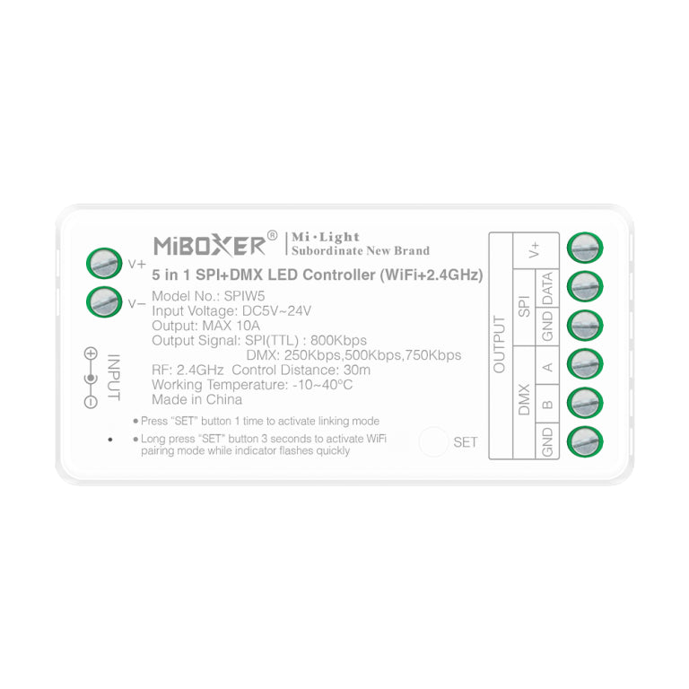 SPIW5 001.webp 5 in 1 SPI+DMX LED Controller (SPIW5) WiFi+2.4GHz 27,50 € Χωρίς Φ.Π.Α Προσθήκη στο καλάθι   5 in 1 SPI+DMX LED Controller (SPIW5) WiFi+2.4GHz