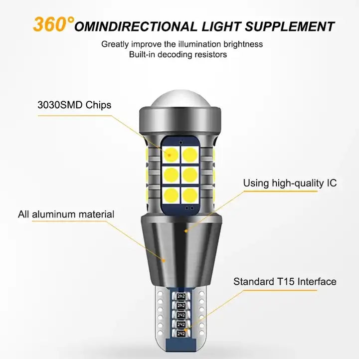 1100LM-T15 W16W WY16W Led Αυτοκινήτου DC 10-30V-3030 27SMD Canbus Ψυχρο Λευκό τεμ.1 - ledmania.gr