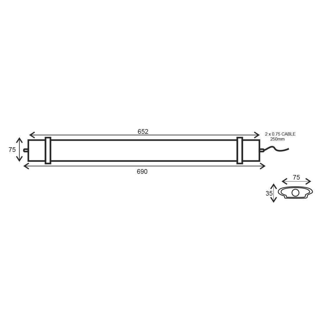 LED LUMINAIRE 30W 652mm 4000K 2750Lm IP66 230VAC PF>0.9Ra80