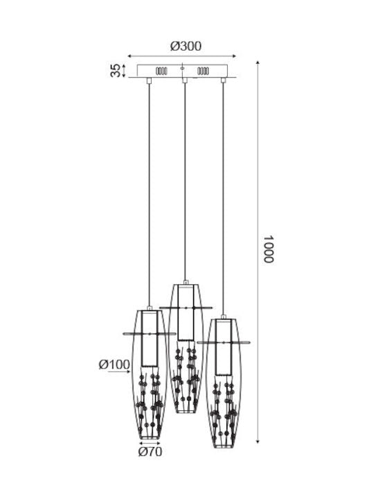 ΚΡΕΜΑΣΤΟ LED 3X3W 3000K ΓΥΑΛ+ΧΡΩΜ ΜΕΤΑΛ+ΚΡΥΣΤΑΛ Φ30ΧΗ100CM - ledmania.gr