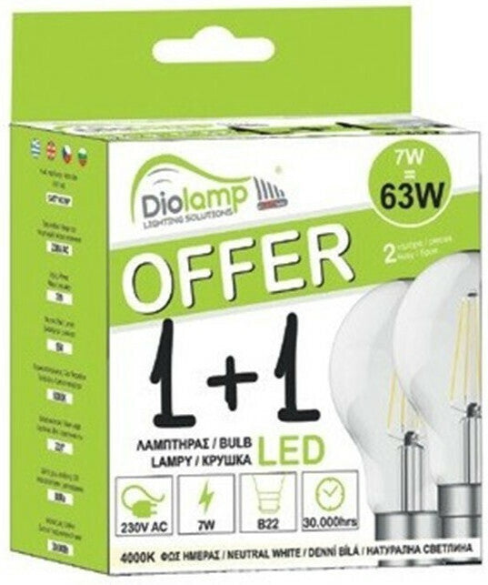 LED FILAMENT A60 B22 230V 7W 4.000K 360° 620Lm Ra80 DUO PACK - ledmania.gr