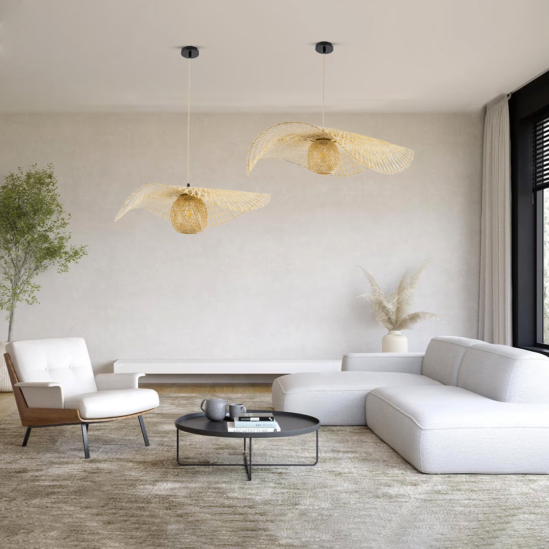 GloboStar® CINNABAR 01838 Boho Κρεμαστό Φωτιστικό Πλέγμα Μονόφωτο 1 x E27 IP20 Μπεζ Ξύλο - Μ100 x Π100 x Υ21cm - ledmania.gr
