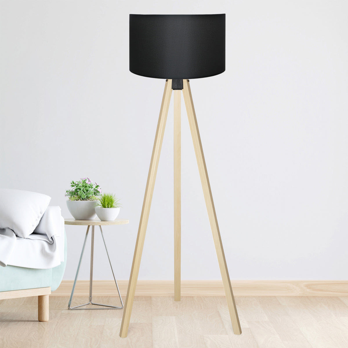 GloboStar® SAGA 204-0041 Μοντέρνο Eπιδαπέδιο Φωτιστικό Μονόφωτο 1 x E27 IP20 Μπεζ Ξύλο με Μαύρο Ύφασμα - Μ38 x Π38 x Υ140cm - ledmania.gr