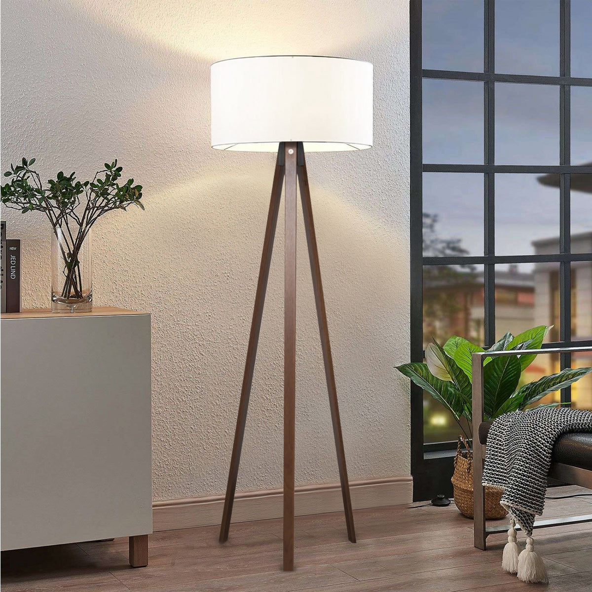 GloboStar® SAGA 204-0032 Μοντέρνο Eπιδαπέδιο Φωτιστικό Μονόφωτο 1 x E27 IP20 Καρυδί Ξύλο με Λευκό Ύφασμα - Μ38 x Π38 x Υ140cm - ledmania.gr
