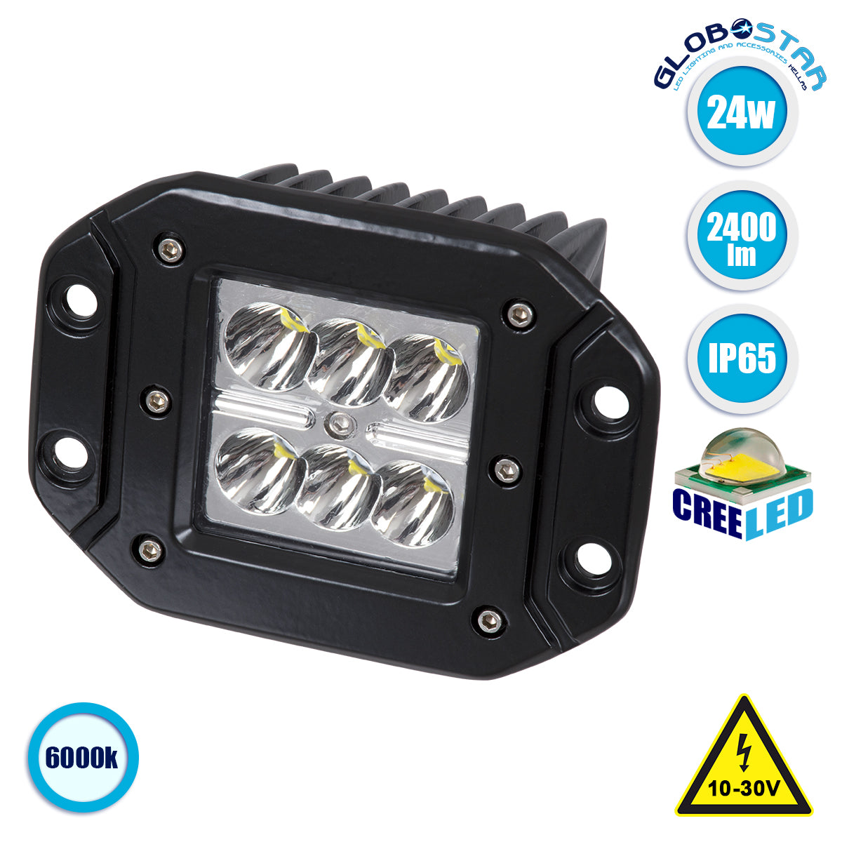 GloboStar® 85441 PRO Series Χωνευτός Προβολέας Εργασίας - Working Light για Αυτοκίνητα & Φορτηγά LED CREE XBD 24W 2400lm DC 10-30V Αδιάβροχο IP65 Ψυχρό Λευκό 6000K - ledmania.gr