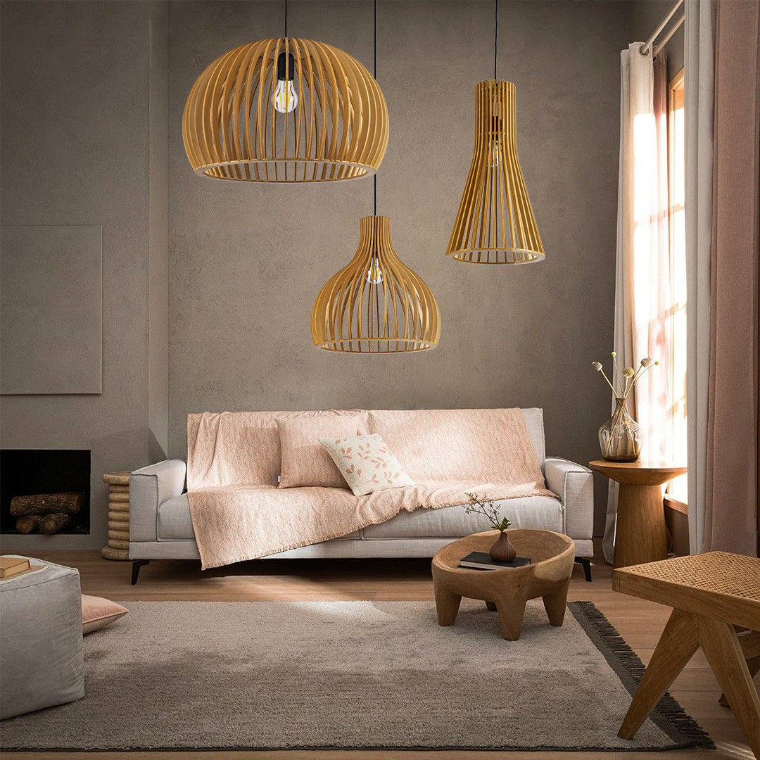 GloboStar® SCANDINAVIA 01697 Μοντέρνο Κρεμαστό Φωτιστικό Πλέγμα Μονόφωτο 1 x E27 IP20 Μπεζ Ξύλο - Μ35 x Π35 x Υ35cm - ledmania.gr