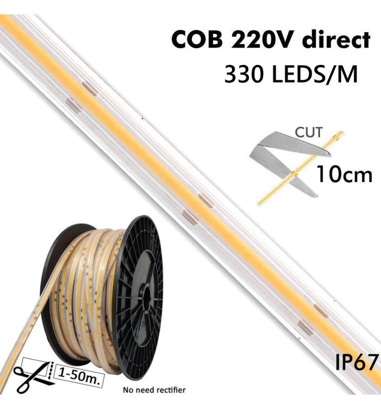 Ταινία Led 220V-240V AC Bridgelux cob 10W/m 3000K 330Led/m-(Τιμή μέτρου)