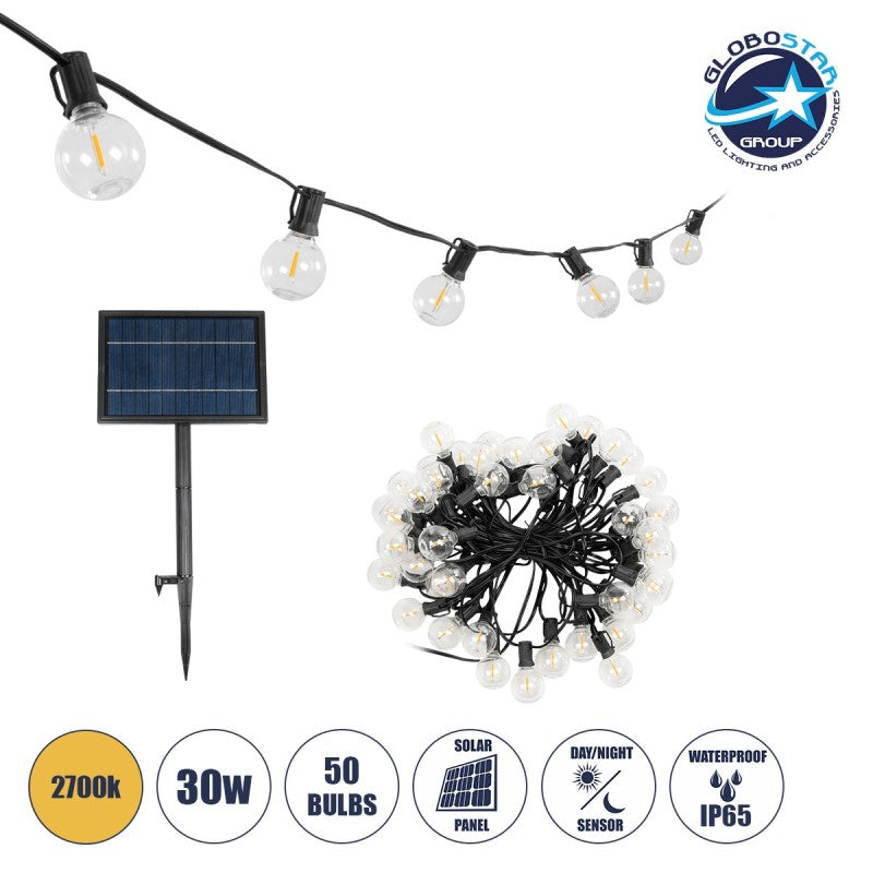 GLOBOSTAR® TWILIGHT 79669 Μοντέρνο Φωτιστικό Κήπου Γιρλάντα 14.5m με 50 Λάμπες LED 30W 2700lm 360° DC 3.6V με Φωτοβολταϊκό Panel 5.5V 5W & Επαναφορτιζόμενη Μπαταρία Li-ion 3.7V 3x18650 6600mAh Αδιάβροχο IP65 Θερμό Λευκό 2700Κ Dimmable - Sanan SMD Chip ...