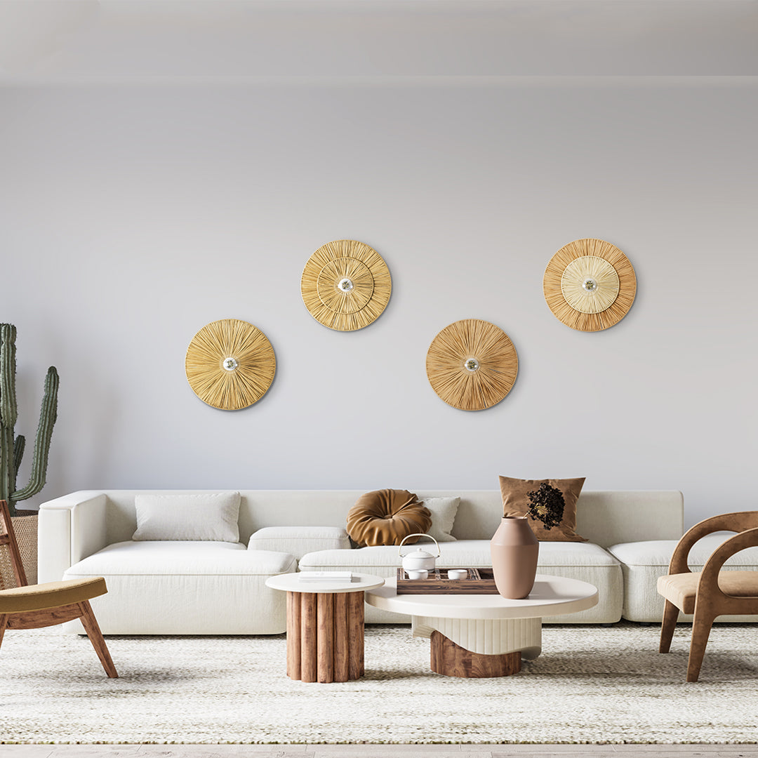 GloboStar® COLOMBO 02284 Boho Φωτιστικό Τοίχου - Απλίκα Μονόφωτο 1 x E27 AC 220-240V IP20 - Φ40 x Υ9cm - Μπεζ Καφέ Φυσική Ράφια Άχυρο Πλέγμα - ledmania.gr