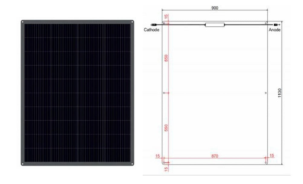 200w Solar Εύκαμπτο Ηλιακό Πάνελ Μονοκρυσταλικο 1.130x900x3mm τεμ.1, διαστάσεις και σχέδιο.