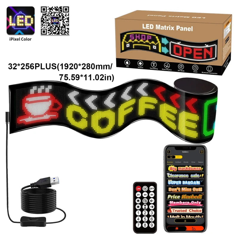 GLOBOSTAR® MATRIX GLB-106-0013 Εύκαμπτη Κυλιόμενη Ψηφιακή Επιγραφή 192x28cm P7 256x32 Pixel LED 40W AC 220-240V Αδιάβροχο IP65 Πολύχρωμο RGB - Bluetooth Control μέσω iPIXEL APP - Μ192 x Π0.4 x Υ28cm - 2 Χρόνια Εγγύηση