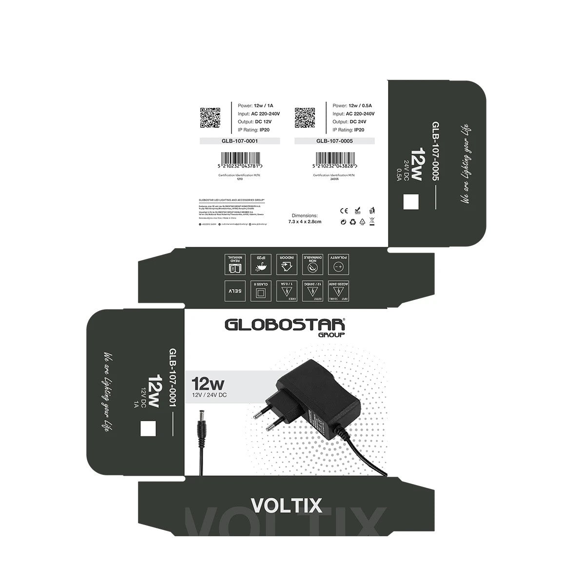 GLOBOSTAR® VOLTIX GLB-107-0001 Τροφοδοτικό/Μετασχηματιστής Class II SELV 12W 1A AC 220-240V σε DC 12V IP20 - Μαύρο Ματ - Μ7.3 x Π4 x Υ2.8cm - 3 Χρόνια Εγγύηση
