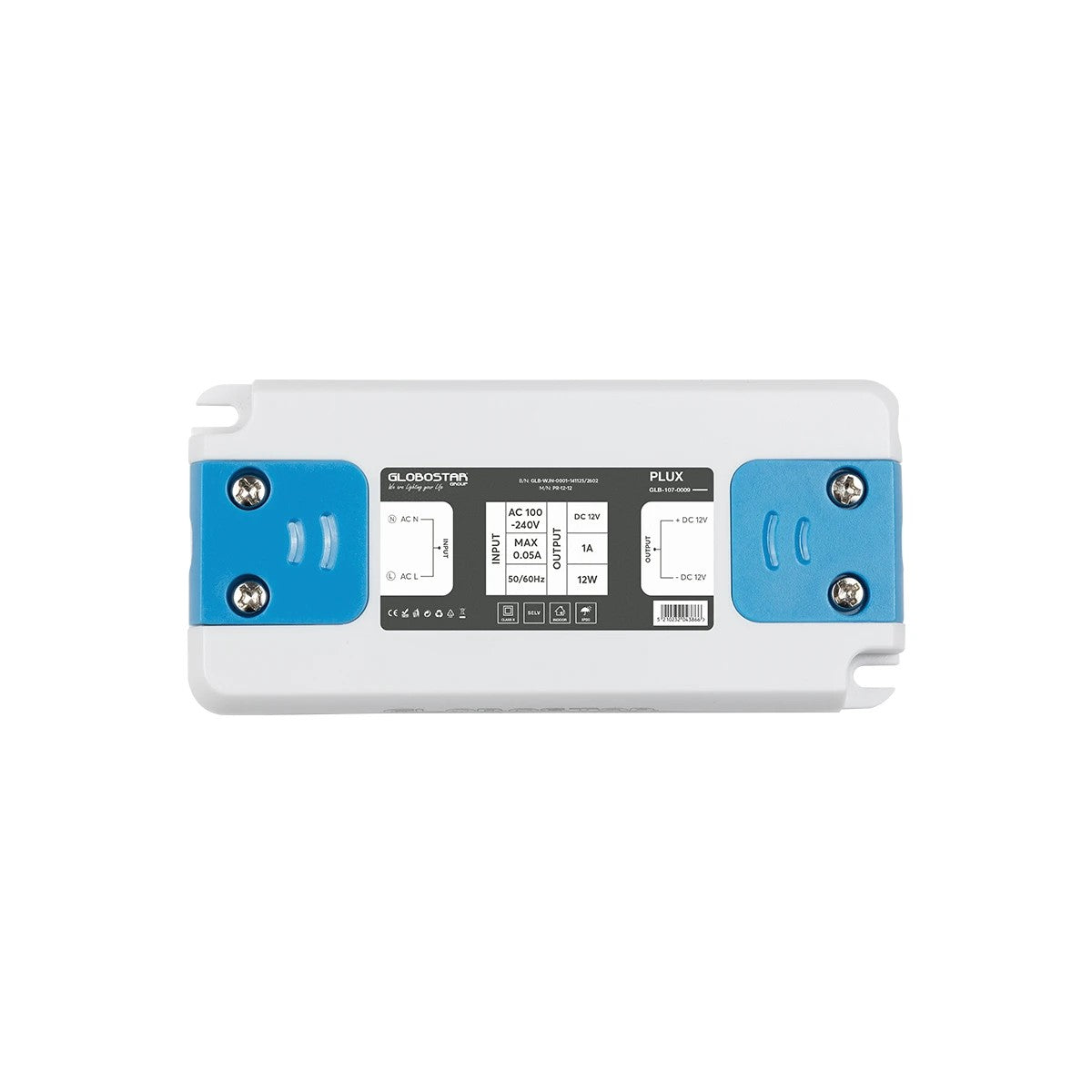 GLOBOSTAR® PLUX GLB-107-0009 Τροφοδοτικό/Μετασχηματιστής Class II SELV 12W 1A AC 220-240V σε DC 12V IP20 - Λευκό Ματ - Μ9.9 x Π4.6 x Υ1.1cm - 3 Χρόνια Εγγύηση