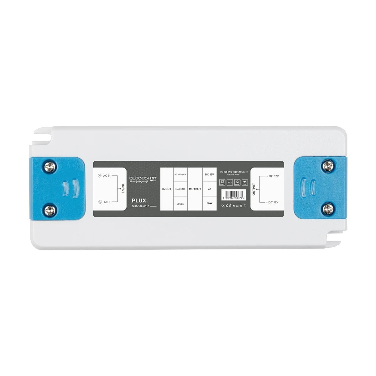 GLOBOSTAR® PLUX GLB-107-0010 Τροφοδοτικό/Μετασχηματιστής Class II SELV 36W 3A AC 220-240V σε DC 12V IP20 - Λευκό Ματ - Μ12.8 x Π5 x Υ1.5cm - 3 Χρόνια Εγγύηση