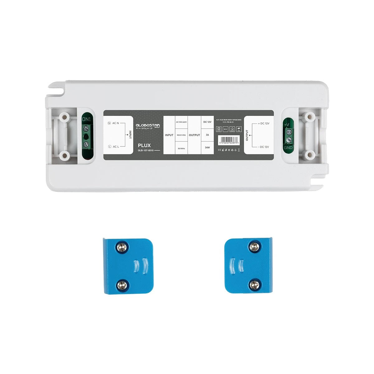 GLOBOSTAR® PLUX GLB-107-0010 Τροφοδοτικό/Μετασχηματιστής Class II SELV 36W 3A AC 220-240V σε DC 12V IP20 - Λευκό Ματ - Μ12.8 x Π5 x Υ1.5cm - 3 Χρόνια Εγγύηση