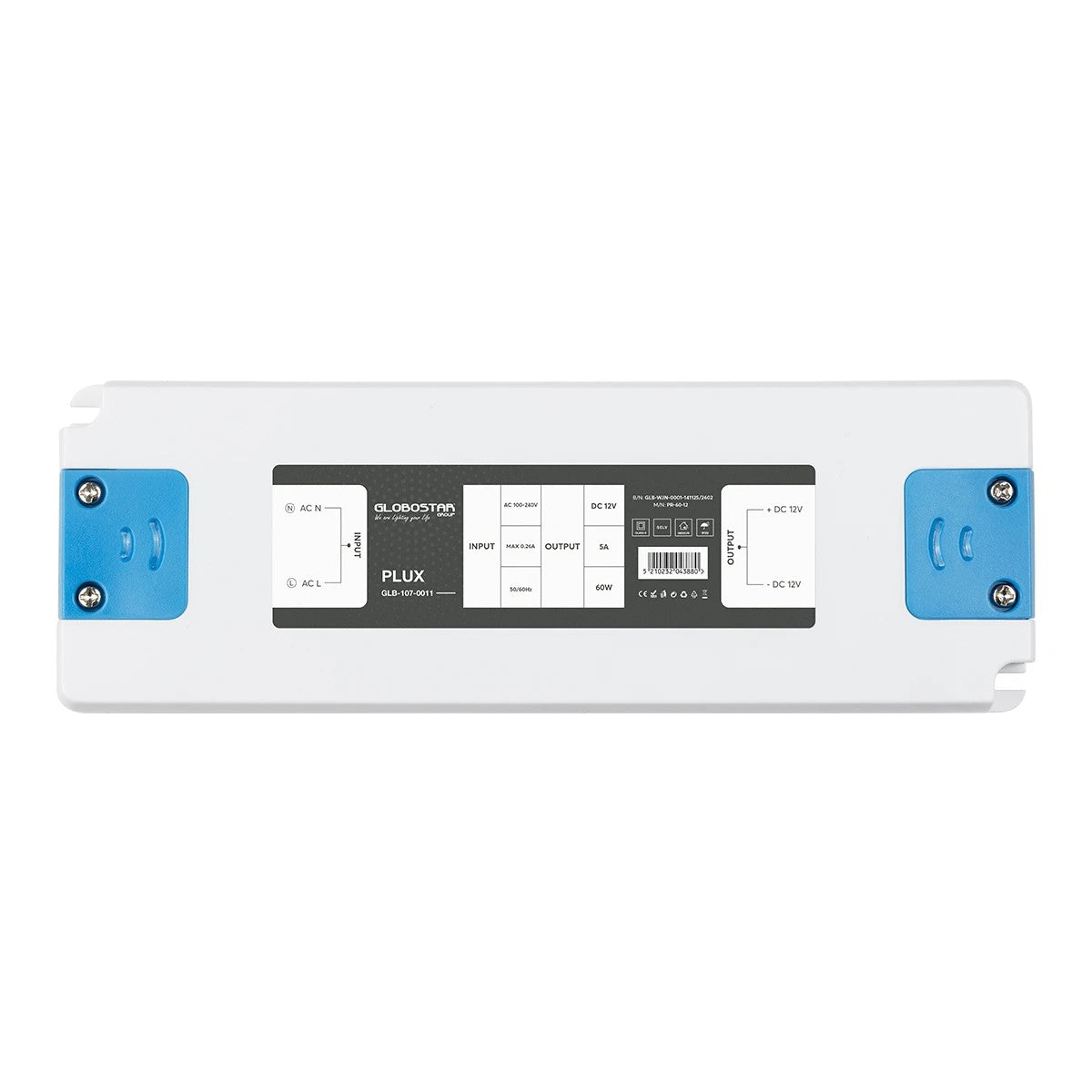 GLOBOSTAR® PLUX GLB-107-0011 Τροφοδοτικό/Μετασχηματιστής Class II SELV 60W 5A AC 220-240V σε DC 12V IP20 - Λευκό Ματ - Μ18.5 x Π6.4 x Υ2.2cm - 3 Χρόνια Εγγύηση