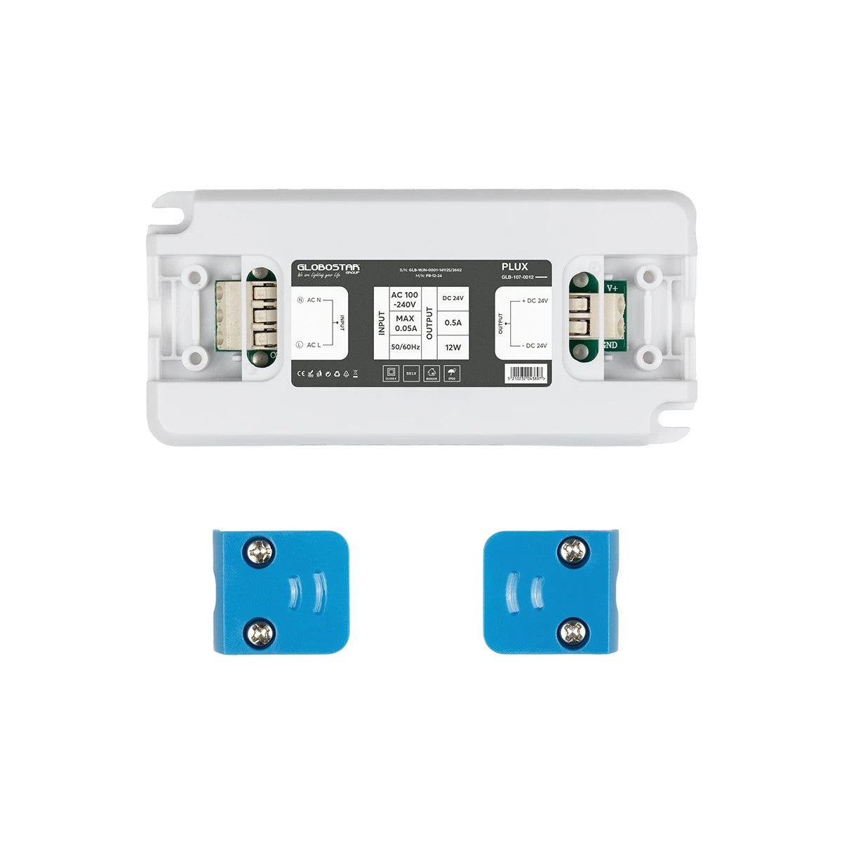 GLOBOSTAR® PLUX GLB-107-0012 Τροφοδοτικό/Μετασχηματιστής Class II SELV 12W 0.5A AC 220-240V σε DC 24V IP20 - Λευκό Ματ - Μ9.9 x Π4.6 x Υ1.1cm - 3 Χρόνια Εγγύηση
