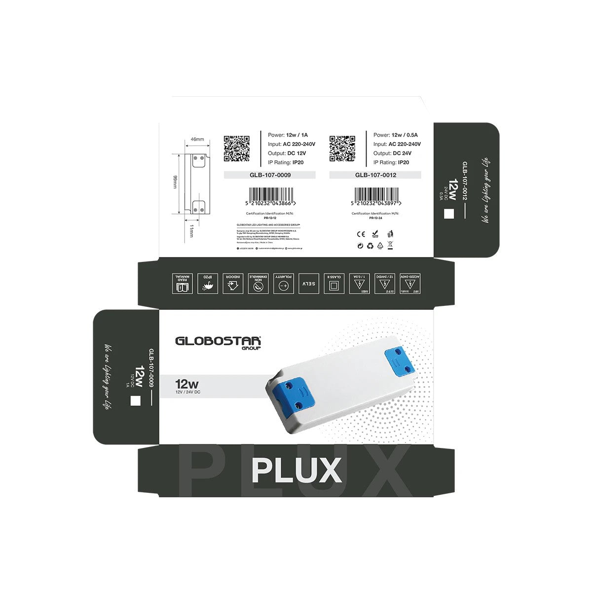 GLOBOSTAR® PLUX GLB-107-0012 Τροφοδοτικό/Μετασχηματιστής Class II SELV 12W 0.5A AC 220-240V σε DC 24V IP20 - Λευκό Ματ - Μ9.9 x Π4.6 x Υ1.1cm - 3 Χρόνια Εγγύηση