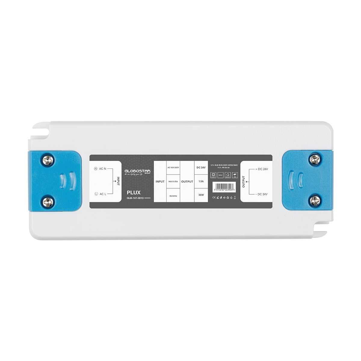 GLOBOSTAR® PLUX GLB-107-0013 Τροφοδοτικό/Μετασχηματιστής Class II SELV 36W 1.5A AC 220-240V σε DC 24V IP20 - Λευκό Ματ - Μ12.8 x Π5 x Υ1.5cm - 3 Χρόνια Εγγύηση