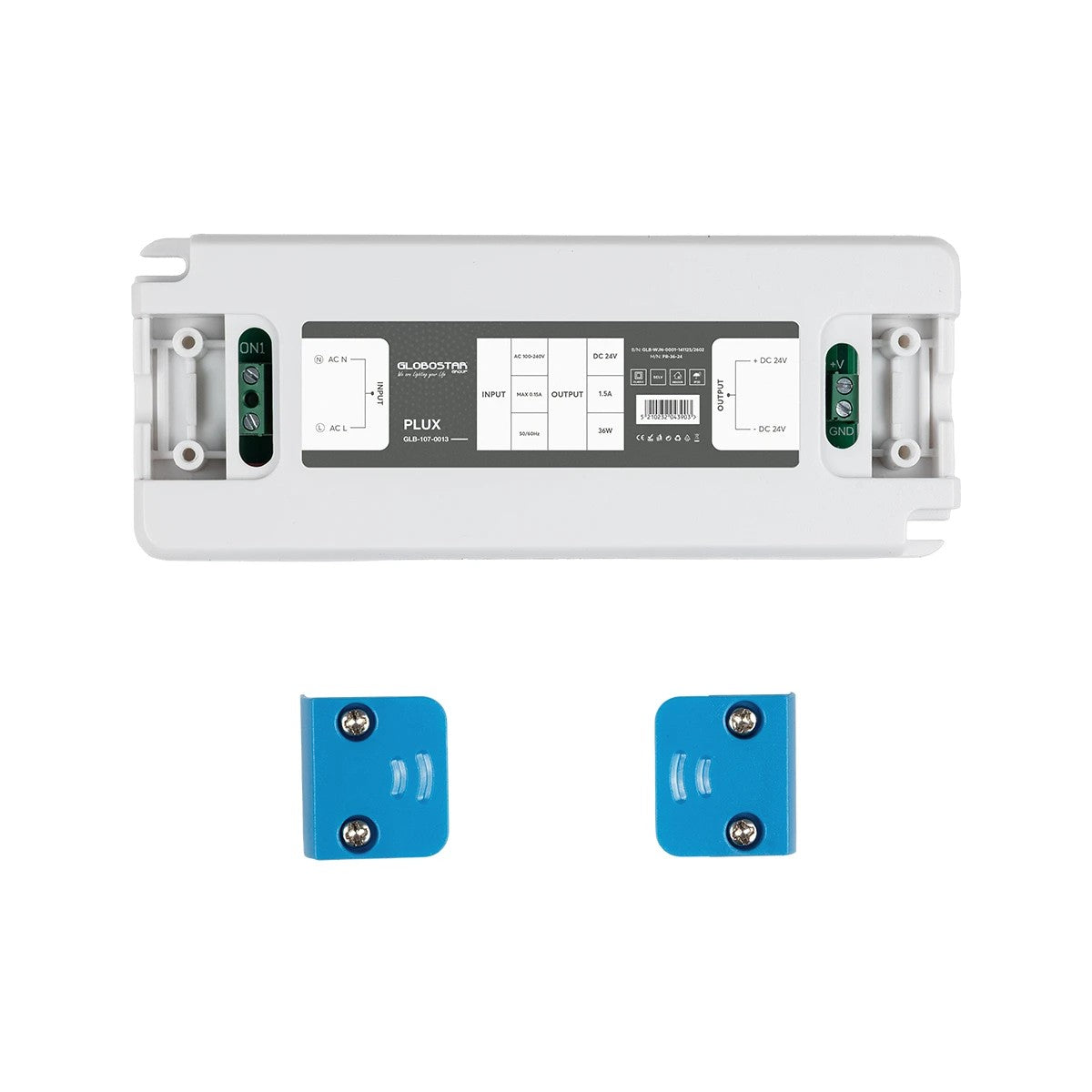 GLOBOSTAR® PLUX GLB-107-0013 Τροφοδοτικό/Μετασχηματιστής Class II SELV 36W 1.5A AC 220-240V σε DC 24V IP20 - Λευκό Ματ - Μ12.8 x Π5 x Υ1.5cm - 3 Χρόνια Εγγύηση