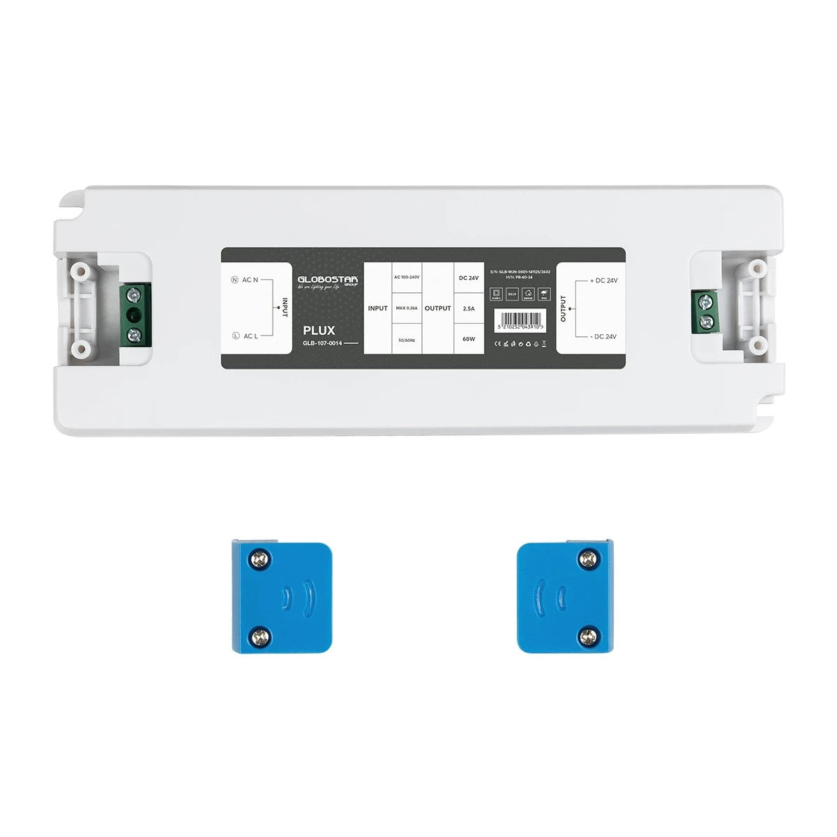 GLOBOSTAR® PLUX GLB-107-0014 Τροφοδοτικό/Μετασχηματιστής Class II SELV 60W 2.5A AC 220-240V σε DC 24V IP20 - Λευκό Ματ - Μ18.5 x Π6.4 x Υ2.2cm - 3 Χρόνια Εγγύηση