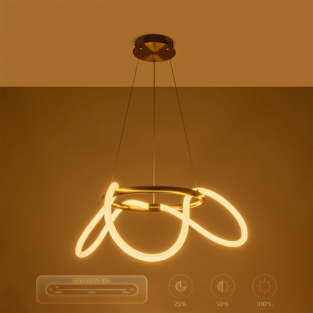 kelvo® GLOW KLV-101-0162 Κρεμαστό Φωτιστικό Οροφής LED 36W 3600lm 360° AC 220-240V IP20 Ρυθμιζόμενο Λευκό CCT με Χειριστήριο από 2700K έως 6000K Dimmable - Lumileds SMD Chip - Χρυσό Πλατίνα - Μ70 x Π70 x Υ40cm - 3 Χρόνια Εγγύηση - ledmania.gr