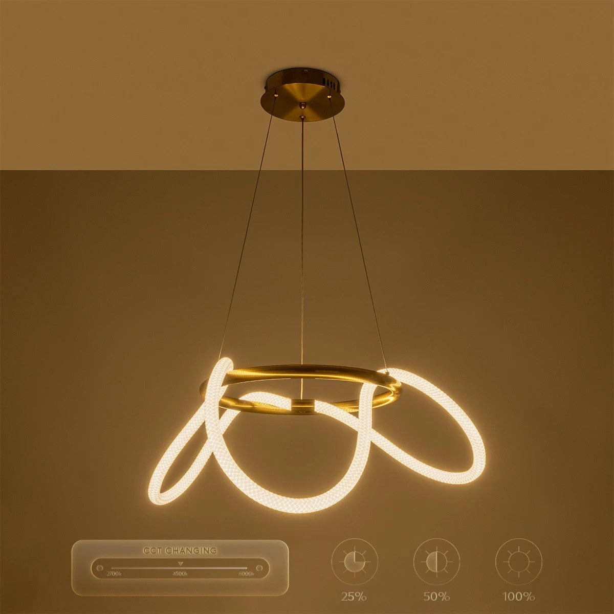 kelvo® GLOW KLV-101-0162 Κρεμαστό Φωτιστικό Οροφής LED 36W 3600lm 360° AC 220-240V IP20 Ρυθμιζόμενο Λευκό CCT με Χειριστήριο από 2700K έως 6000K Dimmable - Lumileds SMD Chip - Χρυσό Πλατίνα - Μ70 x Π70 x Υ40cm - 3 Χρόνια Εγγύηση - ledmania.gr
