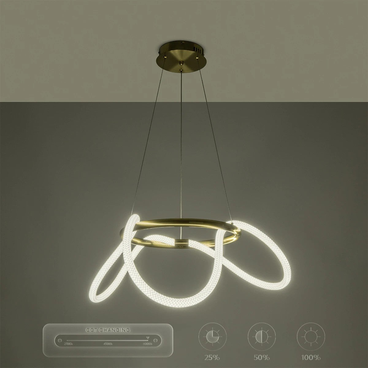 kelvo® GLOW KLV-101-0162 Κρεμαστό Φωτιστικό Οροφής LED 36W 3600lm 360° AC 220-240V IP20 Ρυθμιζόμενο Λευκό CCT με Χειριστήριο από 2700K έως 6000K Dimmable - Lumileds SMD Chip - Χρυσό Πλατίνα - Μ70 x Π70 x Υ40cm - 3 Χρόνια Εγγύηση - ledmania.gr
