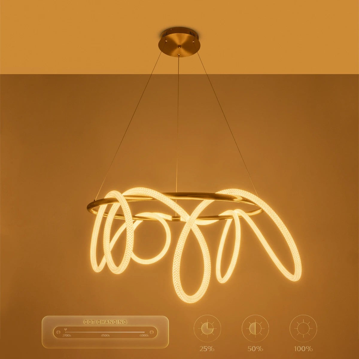 kelvo® GLOW KLV-101-0164 Κρεμαστό Φωτιστικό Οροφής LED 69W 6900lm 360° AC 220-240V IP20 Ρυθμιζόμενο Λευκό CCT με Χειριστήριο από 2700K έως 6000K Dimmable - Lumileds SMD Chip - Χρυσό Πλατίνα - Μ100 x Π100 x Υ40cm - 3 Χρόνια Εγγύηση - ledmania.gr